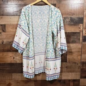 Floral print 3/4 sleeve open front semi sheer kimono woman's size medium